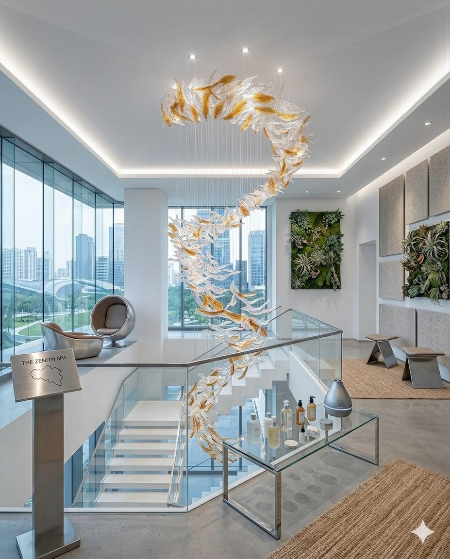 Custom High-Ceiling Design: Orange & White Glass Masterpiece