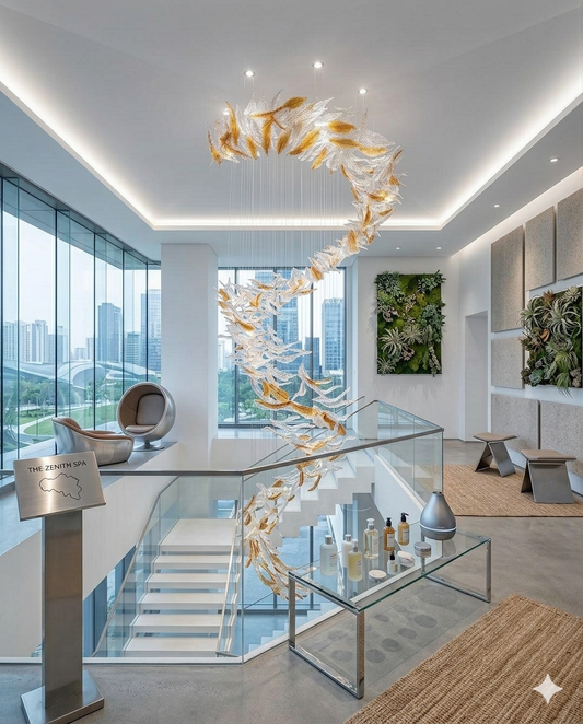 Custom High-Ceiling Design: Orange & White Glass Masterpiece