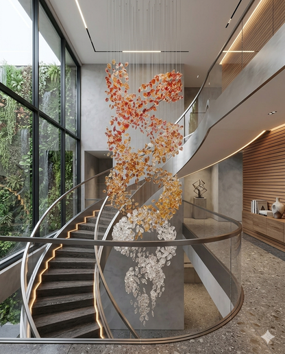 Custom 5M Spiral Ring Staircase Chandelier – Red, Orange & White Crystal Stone Luxury Pendant Light for High Ceilings