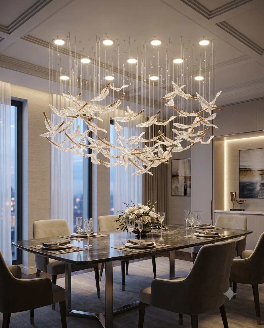 The Elysian Floating Leaf Chandelier | Modern Custom Boat-Shape Crystal Glass Chandelier, Large 1.5m Gold & Clear Art Glass Pendant Light