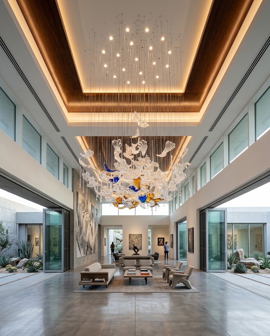 Custom Falling Leaf Glass Chandelier | Blue, Amber & Clear Drooping Leaves (120cm)