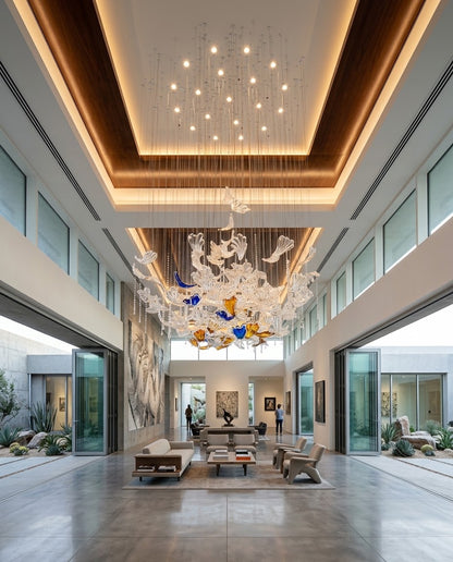 Custom Falling Leaf Glass Chandelier | Blue, Amber & Clear Drooping Leaves (120cm)