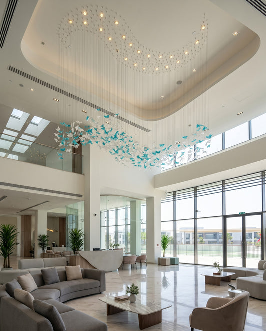 3m Modern Blue & Clear Glass Leaf S-Shape Snake Chandelier – Custom Grand Pendant Light