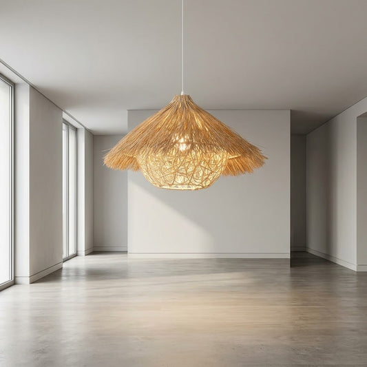 40cm Handcrafted Rattan Straw Pendant Light – Boho Straw Fringe Dome Ceiling Light Fixture