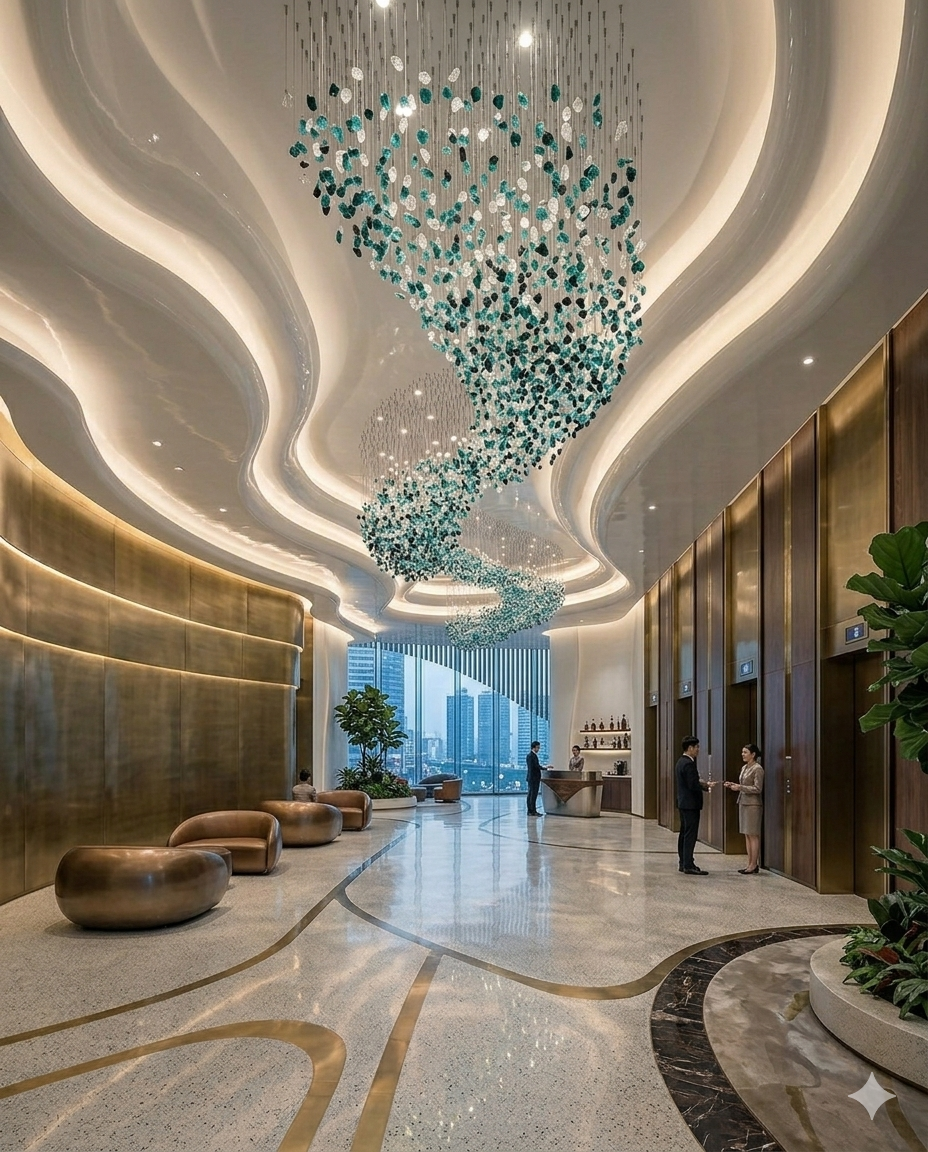 10m Custom S-Shape Stone Wave Chandelier | Teal & White Luxury Lighting