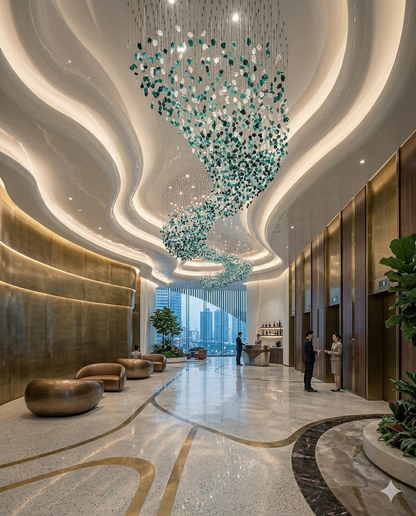 10m Custom S-Shape Stone Wave Chandelier | Teal & White Luxury Lighting
