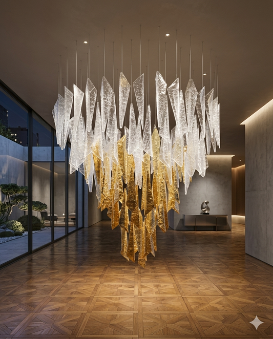 Modern 1M Round Ice Shard Glass Chandelier - Luxury Orange & Clear Custom Chandelier