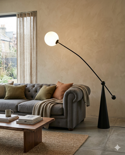 Modern Black Arc Floor Lamp – Minimalist Glass Globe Standing Lamp