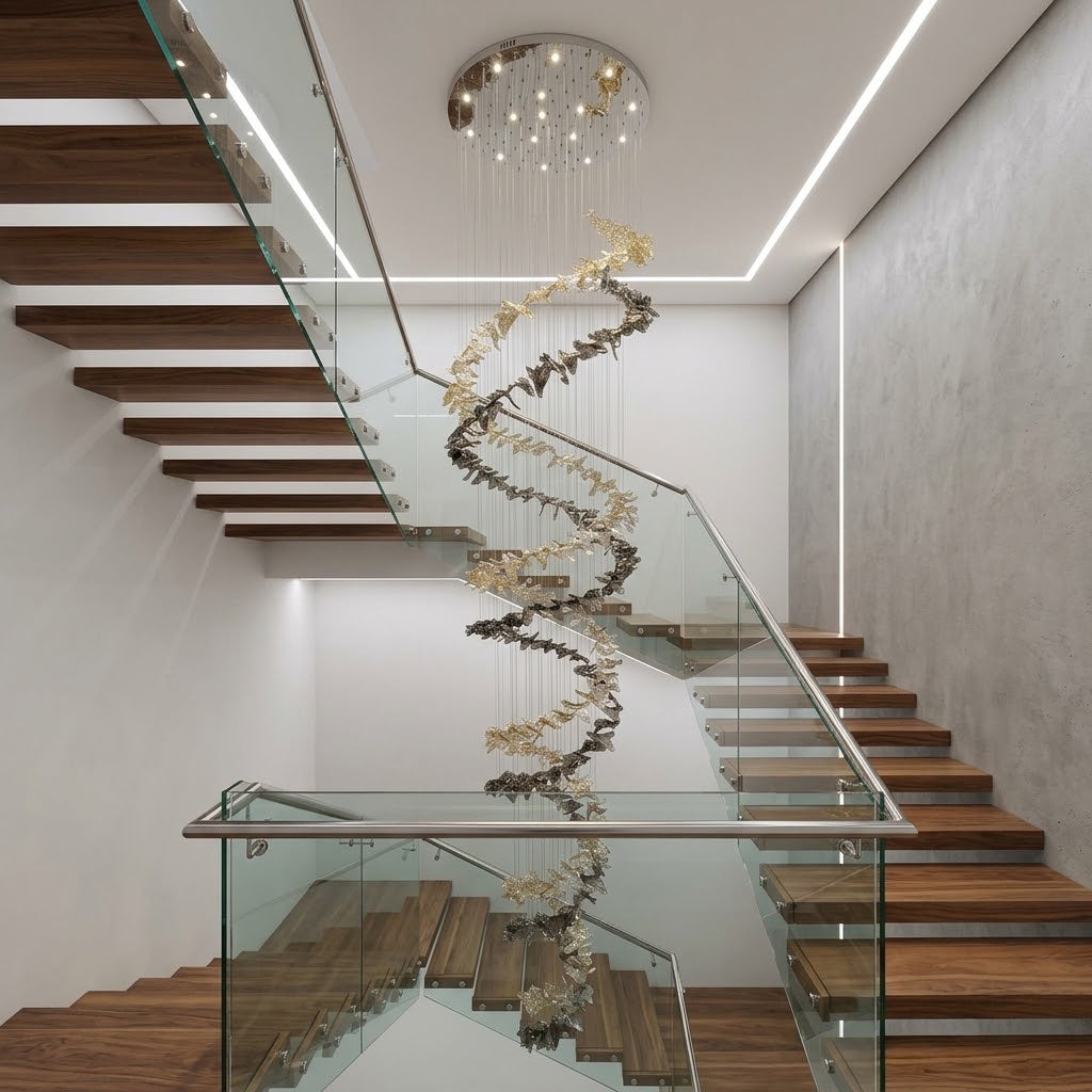 Modern Custom Spiral S-Shape Glass Chandelier – 5m Extra-Long Pendant Light for Double-Height Staircase & Villa Foyer