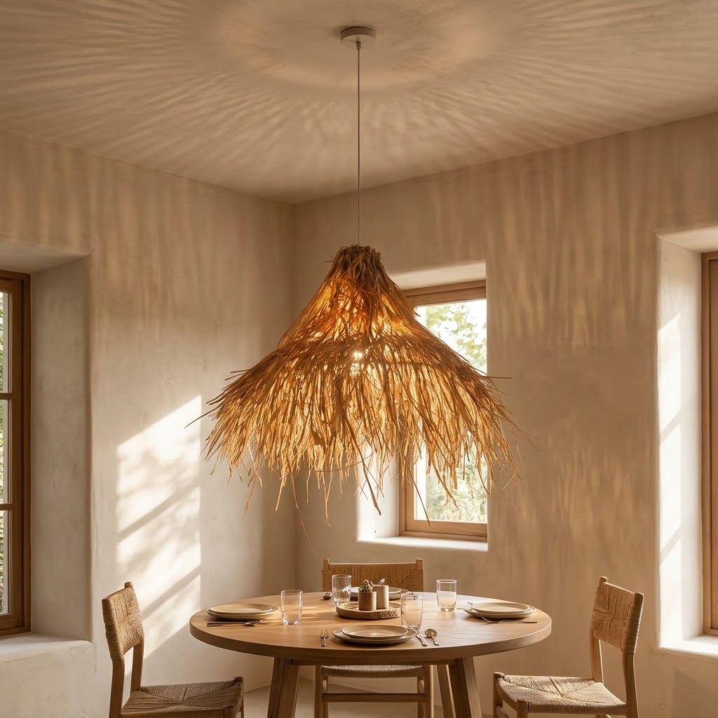 Boho Natural Straw Rattan Pendant Light - Woven Grass Conical Hanging Chandelier