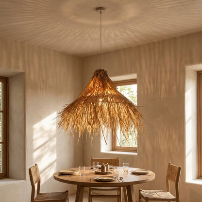 Boho Natural Straw Rattan Pendant Light - Woven Grass Conical Hanging Chandelier