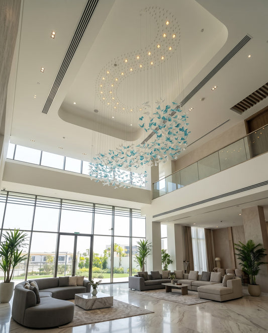 3m Modern Blue & Clear Glass Leaf S-Shape Snake Chandelier – Custom Grand Pendant Light