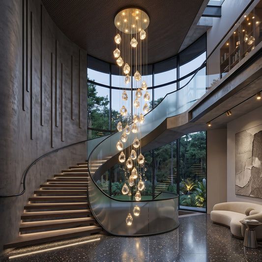 Modern Diamond Cut Crystal Chandelier for High Ceiling Staircase – 36-Light Spiral Pendant, 5M Adjustable Drop, 80cm Gold Frame