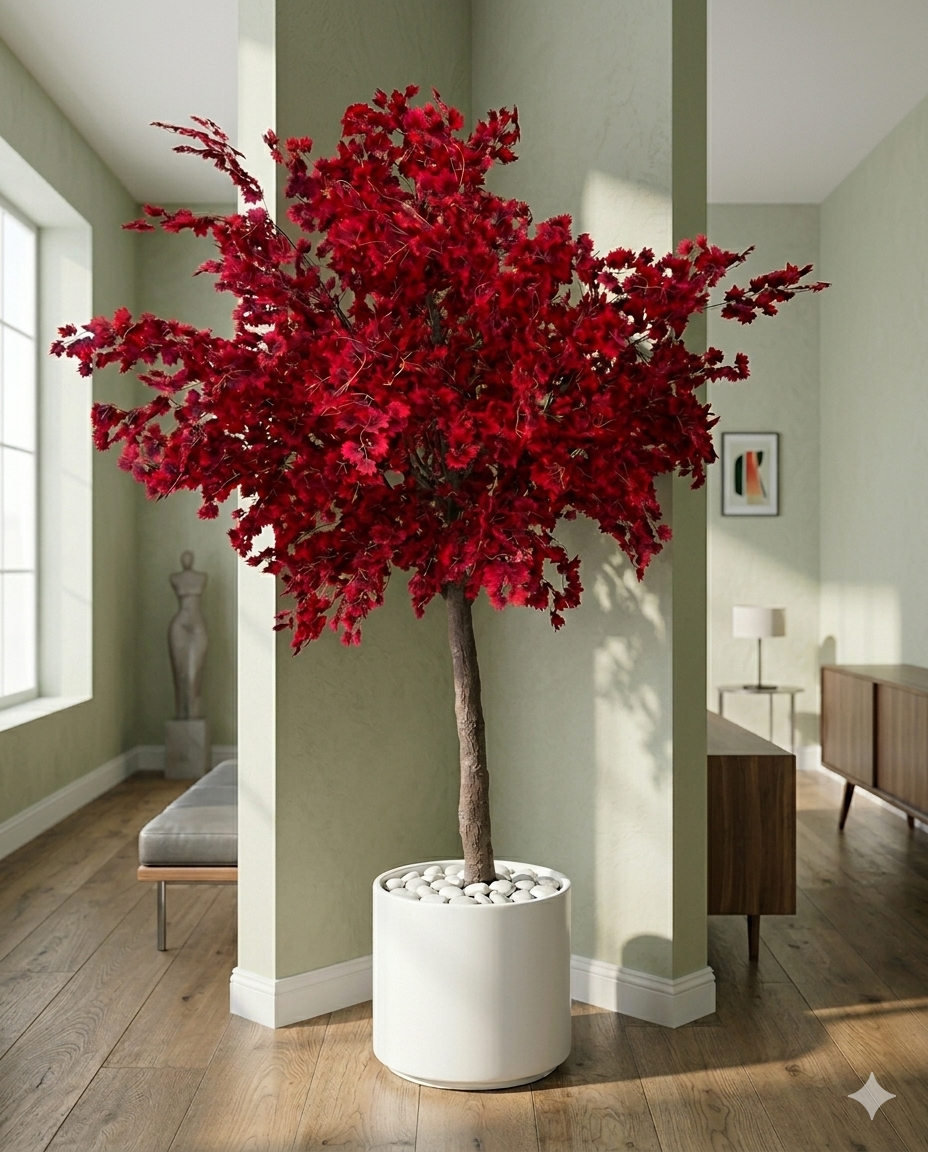 Artificial Red Tree in Minimalist White Ceramic Vessel