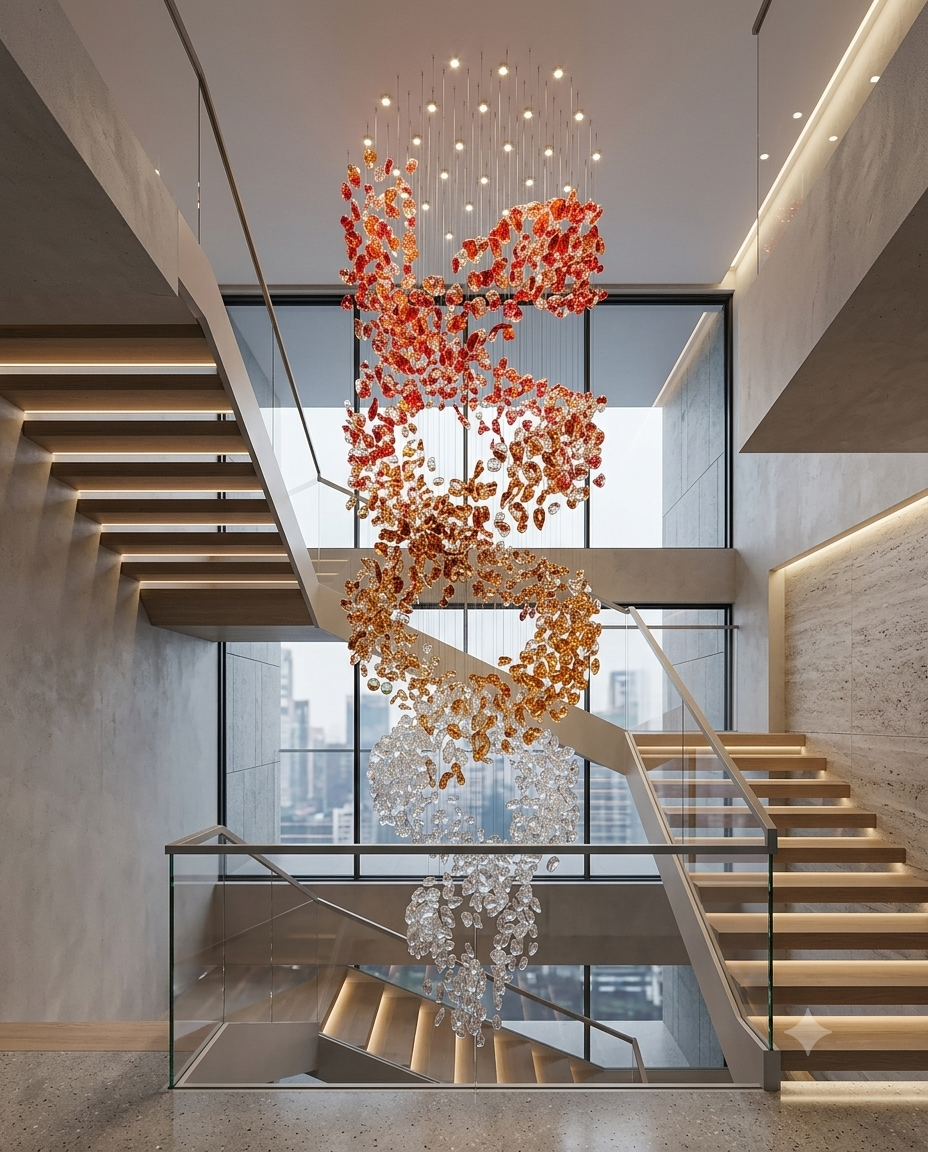 Custom 5M Spiral Ring Staircase Chandelier – Red, Orange & White Crystal Stone Luxury Pendant Light for High Ceilings