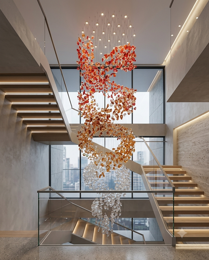 Custom 5M Spiral Ring Staircase Chandelier – Red, Orange & White Crystal Stone Luxury Pendant Light for High Ceilings