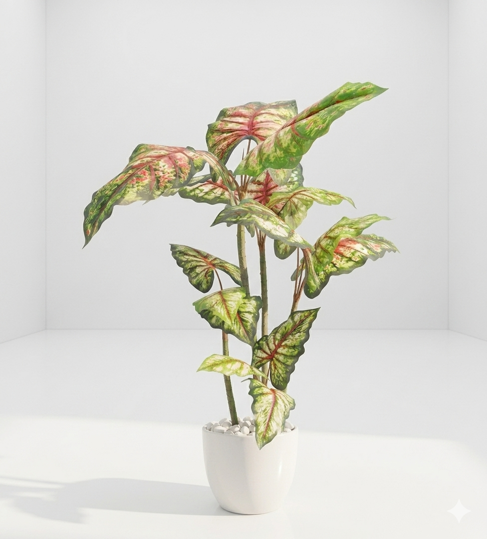 Artificial Caladium Tree in White Ceramic-Style Pot with River Stones