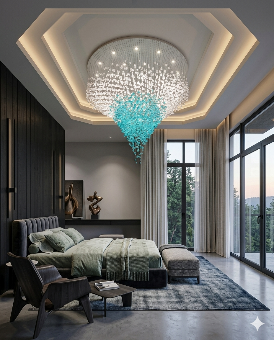 Luxury White & Teal Blue Crystal Chandelier – Custom Oval Drop Hanging Light