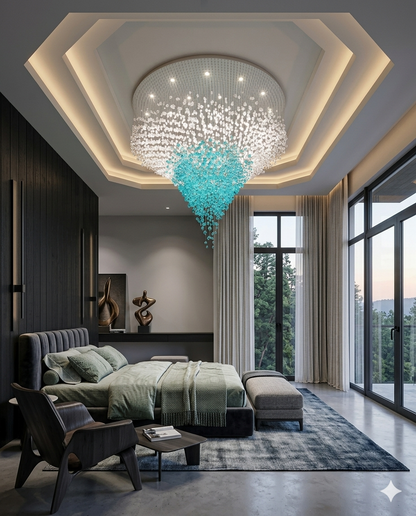 Luxury White & Teal Blue Crystal Chandelier – Custom Oval Drop Hanging Light