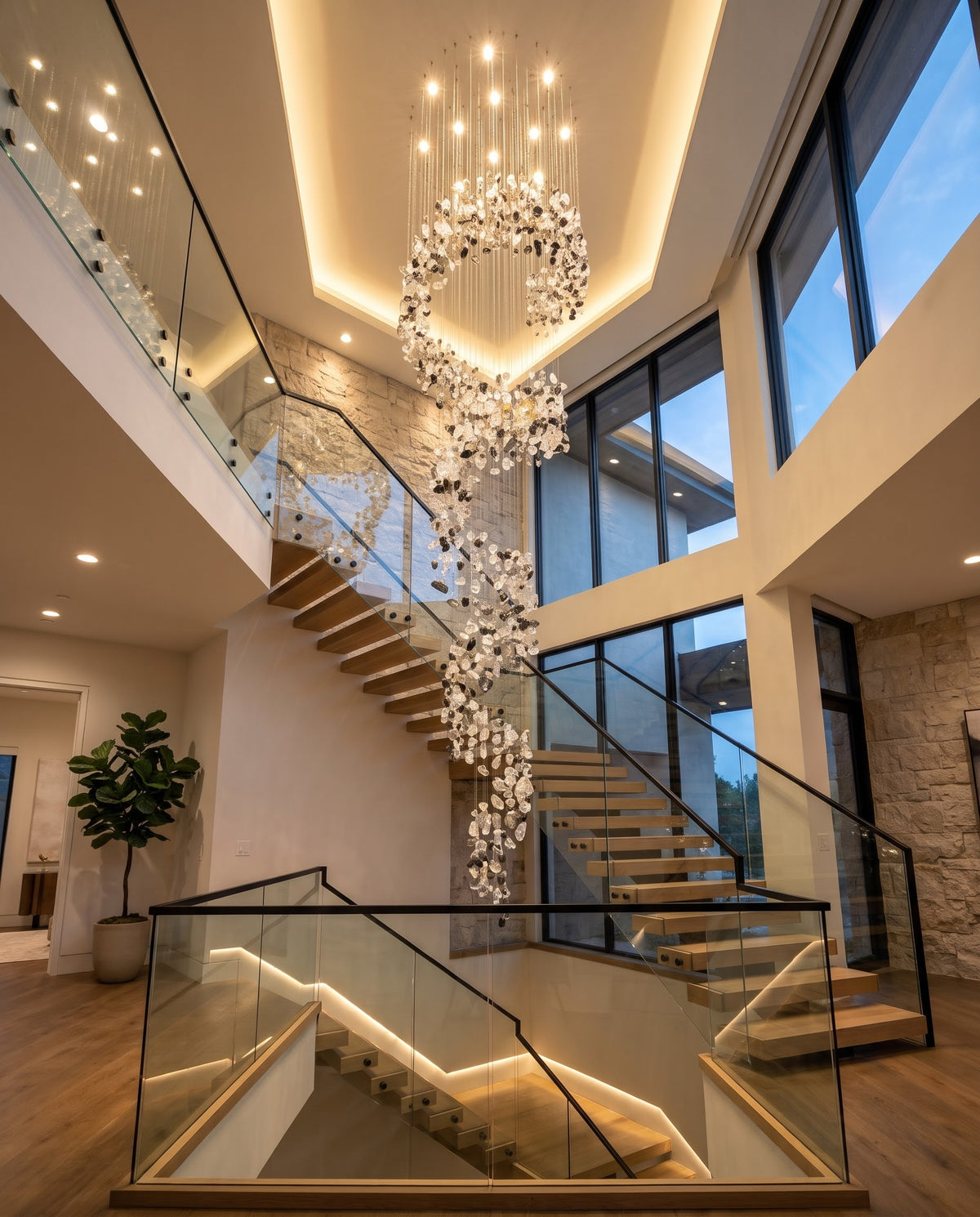 Custom Spiral Crystal Chandelier – 3M Modern Mixed Black & Clear Drop Light for Staircases & Double-Height Foyers