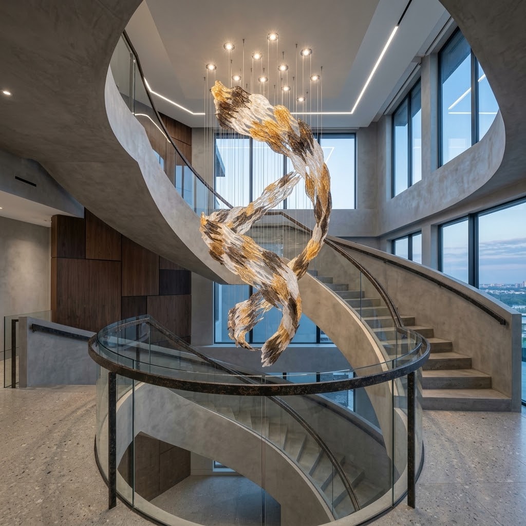 Celestial Whirlwind Custom Glass Chandelier – 80cm Tri-Color Ice Leaf & Crystal Rain Drop Feature Lighting