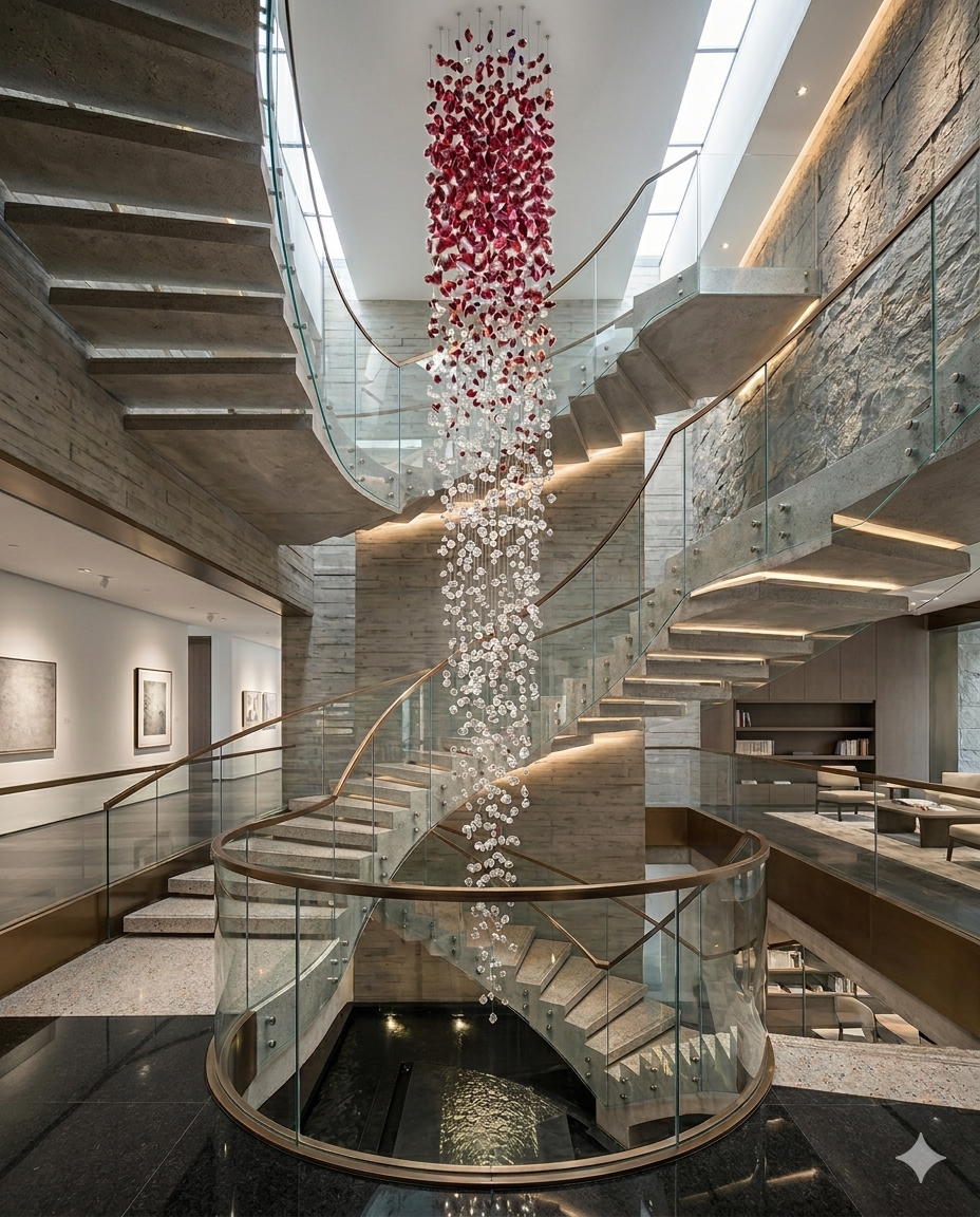 The Crimson Cascade – 5M Double-Height Ruby & Clear Crystal Statement Chandelier (80cm Width)