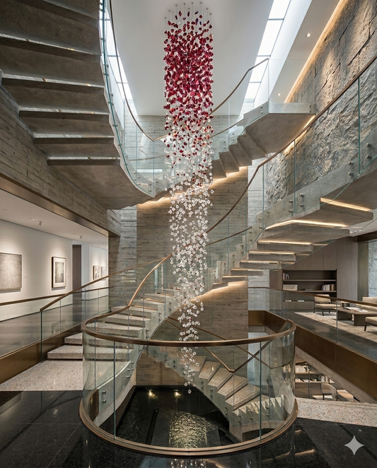 The Crimson Cascade – 5M Double-Height Ruby & Clear Crystal Statement Chandelier (80cm Width)