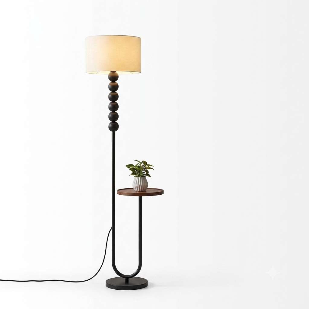 Modern Wood & Steel Floor Lamp with Built-in Accent Table and Silk Shade | 2-in-1 Minimalist Standing Light & Plant Stand
