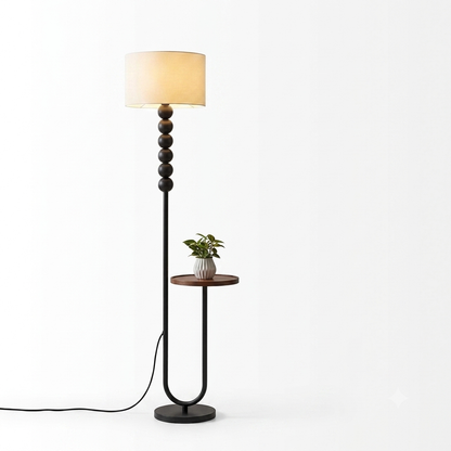 Modern Wood & Steel Floor Lamp with Built-in Accent Table and Silk Shade | 2-in-1 Minimalist Standing Light & Plant Stand