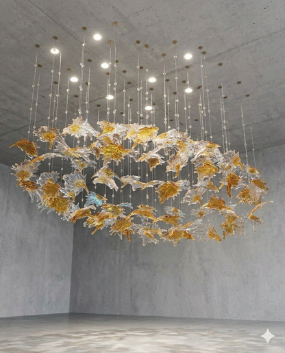 Custom Canadian Glass Leaf Chandelier, Oval Sculptural Lighting