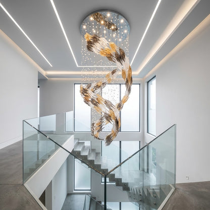 Celestial Whirlwind Custom Glass Chandelier – 80cm Tri-Color Ice Leaf & Crystal Rain Drop Feature Lighting