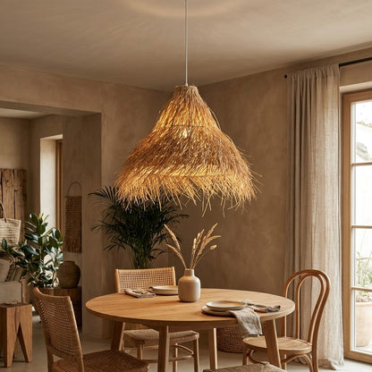 Boho Natural Straw Rattan Pendant Light - Woven Grass Conical Hanging Chandelier
