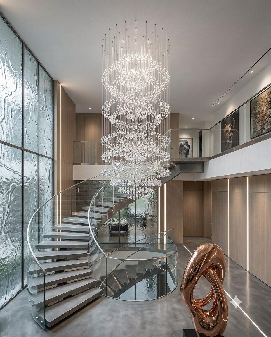 Modern White Stone Ring Chandelier – 3M Tall Flush Mount Light for Double-Height Ceilings (80cm Base)