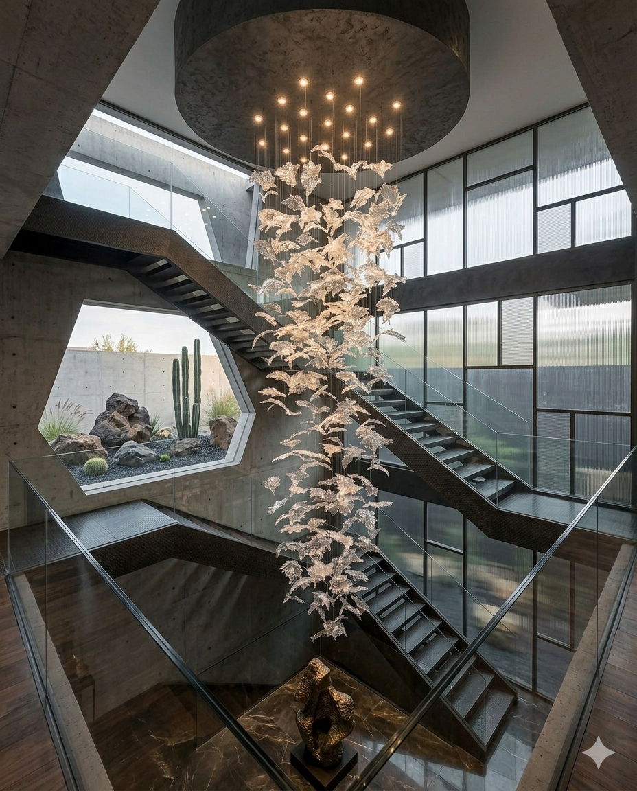 3m High Ceiling Chandelier for Stairwell Custom Glass Leaf Chandelier