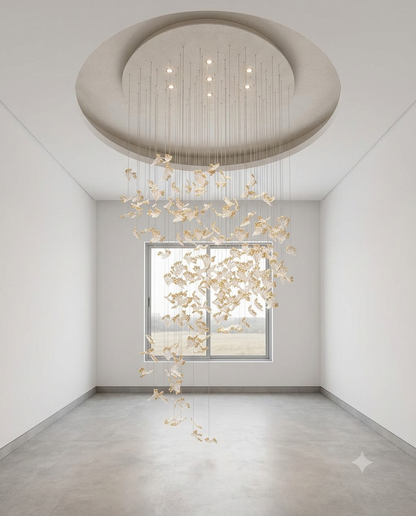 Modern Custom Glass Leaf Staircase Chandelier – 3M Luxury LED Hanging Light for Double-Height Ceilings (80cm Round Ceiling Plate)
