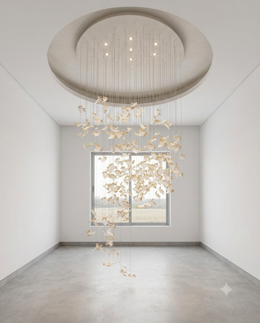 Modern Custom Glass Leaf Staircase Chandelier – 3M Luxury LED Hanging Light for Double-Height Ceilings (80cm Round Ceiling Plate)