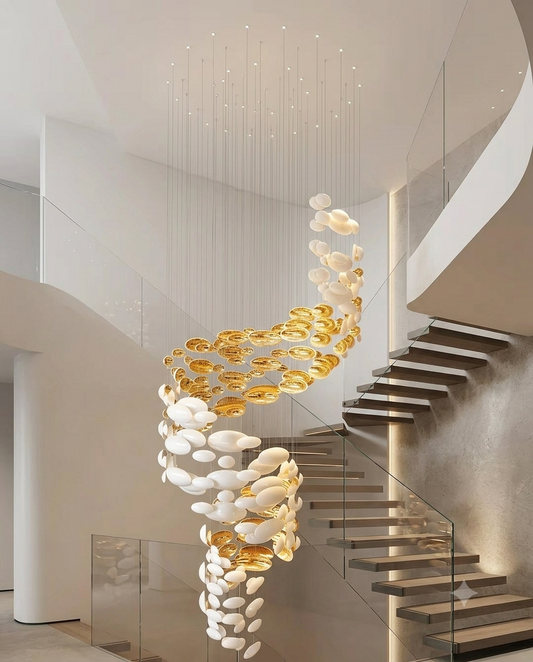 Custom 3-Meter Spiral Glass Chandelier | Luxury Gold & White Staircase Light (80cm Width)