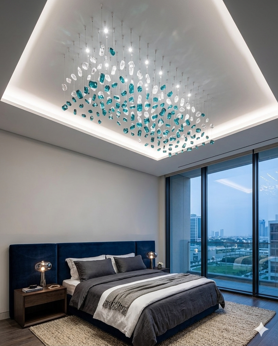 Modern Teal Blue & White Crystal Chandelier – Custom Luxury Ceiling Light for Bedroom & Living Room