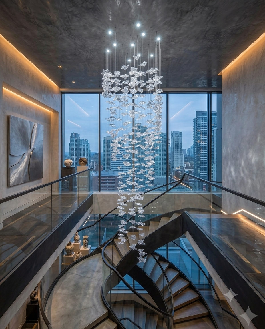 Custom 300cm Organic Glass Leaf Cascade Chandelier – Modern Atrium Lighting⁠