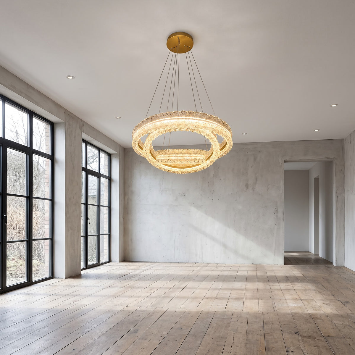 Modern 3-Tier LED Ring Chandelier | Gold Ceiling Base & White Plastic Rings