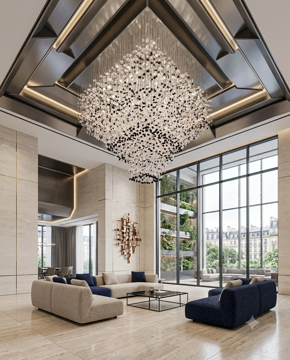 Modern Inverted Pyramid Crystal Chandelier | Black & Clear Stone | Custom Luxury Lighting