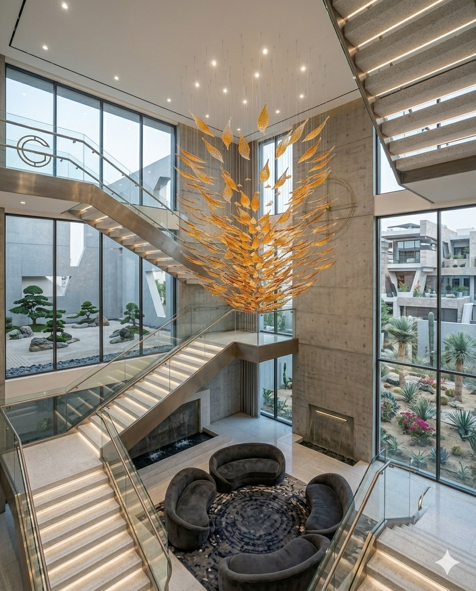 Custom 3M Modern Orange Glass Chandelier – Luxury Staircase Art Installation