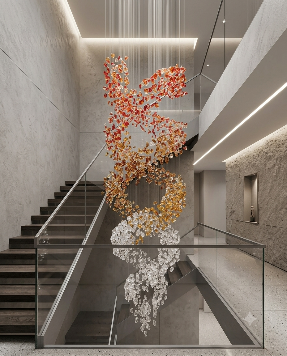 Custom 5M Spiral Ring Staircase Chandelier – Red, Orange & White Crystal Stone Luxury Pendant Light for High Ceilings