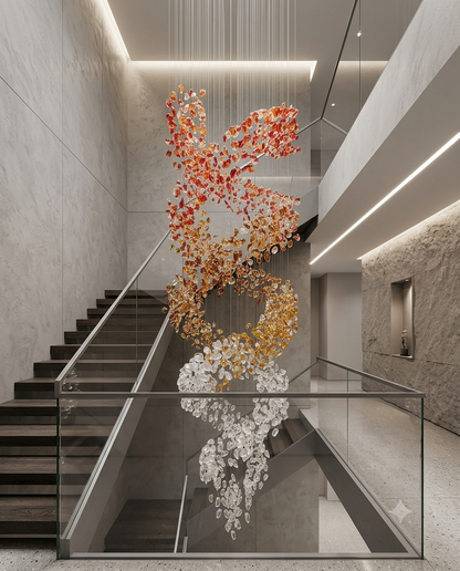 Custom 5M Spiral Ring Staircase Chandelier – Red, Orange & White Crystal Stone Luxury Pendant Light for High Ceilings