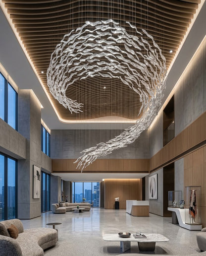 5m Large Modern Wave Glass Chandelier | Custom Double-Height Ceiling Lighting for High Ceiling Villa Foyers
