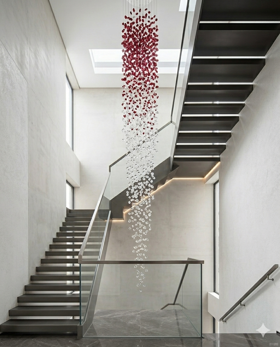 The Crimson Cascade – 5M Double-Height Ruby & Clear Crystal Statement Chandelier (80cm Width)