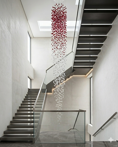 The Crimson Cascade – 5M Double-Height Ruby & Clear Crystal Statement Chandelier (80cm Width)