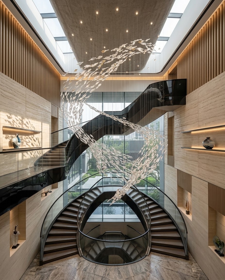 Luxury 5M Two-Layer Clear Glass Swarm Chandelier for Staircase Atrium