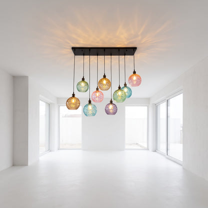 Multi-Colored Frosted Glass Ball Pendant Light – 9-Globe Linear Rectangular Ceiling Fixture