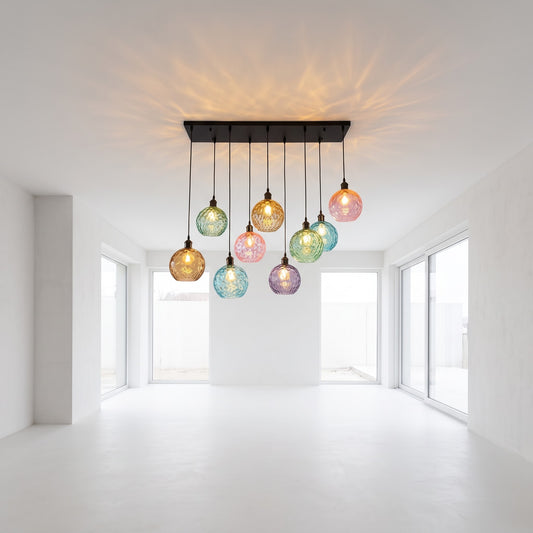 Multi-Colored Frosted Glass Ball Pendant Light – 9-Globe Linear Rectangular Ceiling Fixture